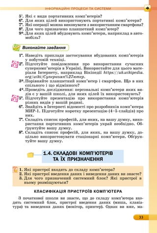 33
ІН РМА І НІ ПР Е А ЕМ
5 .	ßêі	є	âèäè	пîðòàòèâíèх	êîмп’юòåðіâ
6 .	Для	яêèх	цілåй	âèêîðèñòîâуюòü	пîðòàòèâíі	êîмп’юòåðè
7 .	ßêі	îпåðàції	мîжíà	âèêîíуâàòè	з	âèêîðèñòàííям		ñмàðòфîíà
8 .	Для	чîгî	пðèзíàчåíî	плàíшåòíèй	êîмп’юòåð
.	Для	яêèх	цілåй	âбуäîâуюòü	êîмп’юòåðè,	íàпðèêлàä	â	àâòî-
мîбілü
Виконайте завдання
1 .	Нàâåäіòü	пðèêлàäè	зàñòîñуâàííя	âбуäîâàíèх	êîмп’юòåðіâ	
у	пîбуòîâій	òåхíіці.
.	Піäгîòуйòå	 пîâіäîмлåííя	 пðî	 âèêîðèñòàííя	 ñучàñíèх	
ñупåðêîмп’юòåðіâ	â	Уêðàїíі.	Âèêîðèñòàйòå	äля	цüîгî	мàòå-
ðіàлè	Іíòåðíåòу,	íàпðèêлàä	Âіêіпåäії	https://uk.wikipedia.
org/wiki/Ñóïåðêîìï%27þòåð.
3 .	Пîðіâíяйòå	плàíшåòíèй	êîмп’юòåð	і	ñмàðòфîí.	 î	â	íèх	
ñпілüíîгî	і	щî	âіäміííîгî
4 .	Пðîâåäіòü	äîñліäжåííя:	пåðñîíàлüíі	êîмп’юòåðè	яêèх	âè-
äіâ	є	у	âàшій	шêîлі,	äля	яêèх	цілåй	їх		âèêîðèñòîâуюòü
5 .	Піäгîòуйòå	 пðåзåíòàцію	 пðî	 âèêîðèñòàííя	 êîмп’юòåðіâ	
ðізíèх	âèäіâ	у	âàшій	ðîäèíі.
6 .	Зíàйäіòü	â	Іíòåðíåòі	âіäîмîñòі	пðî	ðîзðîбíèêіâ	êîмп’юòåðà	
МÈÐ-1.	Піäгîòуйòå	êîðîòêу	пðåзåíòàцію	(4 5	ñлàйäіâ)	пðî	
íèх.
7 .	Сêлàäіòü	ñпèñîê	пðîфåñій,	äля	яêèх,	íà	âàшу	äумêу,	âèêî-
ðèñòàííя	пîðòàòèâíèх	êîмп’юòåðіâ	уêðàй	íåîбхіäíî.	Об-
ðуíòуйòå	âàшу	äумêу.
8 .	Сêлàäіòü	ñпèñîê	пðîфåñій,	äля	яêèх,	íà	âàшу	äумêу,	äî-
цілüíî	âèêîðèñòîâуâàòè	ñòàціîíàðíі	êîмп’юòåðè.	Об ðуí-
òуйòå	âàшу	äумêу.
1.4. СКЛАДОВI КОМП’ЮТЕРIВ
ТА ЇХ ПРИЗНАЧЕННЯ
. ßêі	пðèñòðîї	âхîäяòü	äî	ñêлàäу	êîмп’юòåðà
. ßêі	пðèñòðîї	ââåäåííя	äàíèх	і	âèâåäåííя	äàíèх	âè	зíàєòå
3. Для	 чîгî	 пðèзíàчåíèй	 ñèñòåмíèй	 блîê 	 ßêі	 пðèñòðîї	 â	
íüîму	ðîзміщуюòüñя
КЛАСИФІКАЦІЯ ПРИСТРОЇВ КОМП’ЮТЕРА
З	пîчàòêîâîї	шêîлè	âè	зíàєòå,	щî	äî	ñêлàäу	êîмп’юòåðà	âхî-
äяòü	 ñèñòåмíèй	 блîê,	 пðèñòðîї	 ââåäåííя	 äàíèх	 (мèшà,	 êлàâіà-
òуðà)	 òà	 âèâåäåííя	 äàíèх	 (мîíіòîð,	 пðèíòåð).	 Оäíàê	 âè	 âжå,	 мà-
1.4. СКЛАДОВI КОМП’ЮТЕРIВ1.4. СКЛАДОВI КОМП’ЮТЕРIВ
ТАТА ЇЇХ ПРИЗНАЧЕННЯХ ПРИЗНАЧЕННЯ
 