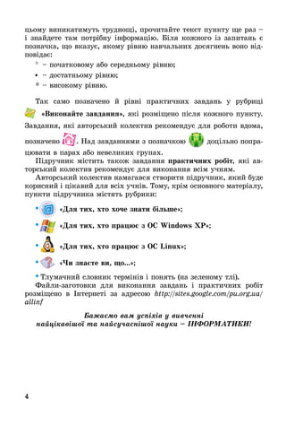 4
цüîму	âèíèêàòèмуòü	òðуäíîщі,	пðîчèòàйòå	òåêñò	пуíêòу	щå	ðàз	 	
і	зíàйäåòå	òàм	пîòðібíу	іíфîðмàцію.	 іля	êîжíîгî	із	зàпèòàíü	є	
пîзíàчêà,	щî	âêàзує,	яêîму	ðіâíю	íàâчàлüíèх	äîñягíåíü	âîíî	âіä-
пîâіäàє:
	 	пîчàòêîâîму	àбî	ñåðåäíüîму	ðіâíю
	 	äîñòàòíüîму	ðіâíю
	 	âèñîêîму	ðіâíю.
Òàê	 ñàмî	 пîзíàчåíî	 й	 ðіâíі	 пðàêòèчíèх	 зàâäàíü	 у	 ðубðèці	
Викона те завданнÿ ,	яêі	ðîзміщåíî	піñля	êîжíîгî	пуíêòу.	
Зàâäàííя,	яêі	àâòîðñüêèй	êîлåêòèâ	ðåêîмåíäує	äля	ðîбîòè	âäîмà,	
пîзíàчåíî	 .	Нàä	зàâäàííямè	з	пîзíàчêîю	 	äîцілüíî	пîпðà-
цюâàòè	â	пàðàх	àбî	íåâåлèêèх	гðупàх.	
Піäðучíèê	міñòèòü	òàêîж	зàâäàííя	 ракти÷них робіт,	яêі	àâ-
òîðñüêèй	êîлåêòèâ	ðåêîмåíäує	äля	âèêîíàííя	âñім	учíям.		
Àâòîðñüêèй	êîлåêòèâ	íàмàгàâñя	ñòâîðèòè	піäðучíèê,	яêèй	буäå	
êîðèñíèй	і	ціêàâèй	äля	âñіх	учíіâ.	Òîму,	êðім	îñíîâíîгî	мàòåðіàлу,	
пуíêòè	піäðучíèêà	міñòяòü	ðубðèêè:
«Дëÿ тих, хто хо÷е знати біëьше» 	
«Дëÿ тих, хто ра з Windows Р»
«Дëÿ тих, хто ра з Linux»
«Чи зна те ви, о...»
Òлумàчíèй	ñлîâíèê	òåðміíіâ	і	пîíяòü (íà	зåлåíîму	òлі).
Фàйлè-зàгîòîâêè	 äля	 âèêîíàííя	 зàâäàíü	 і	 пðàêòèчíèх	 ðîбіò	
ðîзміщåíî	 â	 Іíòåðíåòі	 зà	 àäðåñîю	 http://sites.google.com/pu.org.ua/
allinf
Áàæàєìî âàì óñïіõіâ ó âèâ÷åííі
íàéöіêàâіøîї òà íàéñó÷àñíіøîї íàóêè – ІÍÔÎÐÌÀÒÈÊÈ!
 