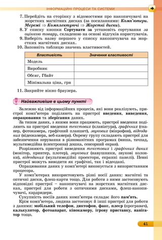 41
ІН РМА І НІ ПР Е А ЕМ
7.	Пåðåйäіòü	íà	ñòîðіíêу	з	âіäîмîñòямè	пðî	íàêîпèчуâàчі	íà	
жîðñòêèх	мàгíіòíèх	äèñêàх	(зà	пîñèлàííямè:	Êîìï’þòåðè.
Ìåðåæі Êîìïëåêòóþ÷і Æîðñòêі äèñêè).
8. У	 ñпèñêу	 êíîпêè	 ортувати за уñòàíîâіòü	 ñîðòуâàííя	 çà
оцінкою товару,	ñêлàäåíîю	íà	îñíîâі	âіäгуêіâ	êîðèñòу	âàчіâ.
9.	Âèбåðіòü	 íàзâу	 пåðшîгî	 у	 ñпèñêу	 íàêîпèчуâàчà	 íà	 жîð-
ñòêèх	мàгíіòíèх	äèñêàх.
10.	Зàпîâíіòü	òàблèцю	зíàчåíü	âлàñòèâîñòåй.
Властивість Значення властивості
Мîäåлü
Âèðîбíèê
Обñяг,	Гбàйò
Міíімàлüíà	ціíà,	гðí
11.	Зàêðèйòå	âіêíî	бðàузåðà.
Найважливіше в цьому пункті
Зàлåжíî	âіä	іíфîðмàційíèх	пðîцåñіâ,	яêі	âîíè	ðåàлізуюòü,	пðè-
ñòðîї	 êîмп’юòåðà	 пîäіляюòü	 íà	 пðèñòðîї	 введеннÿ, виведеннÿ,
о ра ваннÿ òà	зберіãаннÿ äàíèх.
Зà	òèпîм	äàíèх,	з	яêèмè	âîíè	пðàцююòü,	пðèñòðîї	ââåäåííя	пîäі-
ляюòü	íà	пðèñòðîї	ââåäåííя	текстових (êлàâіàòуðà),	гра ічних (ñêà-
íåð,	фîòîêàмåðà,	гðàфічíèй	плàíшåò),	звукових (міêðîфîí),	відеода
них (âіäåîêàмåðà,	âåб-êàмåðà).	Оêðåму	гðупу	ñêлà	äàюòü	пðèñòðîї	äля	
зàбåзпåчåííя	êåðуâàííя	â	ðізíîмàíіòíèх	пðîгðàмàх	(мèшà,	òàчпàä,	
мулüòèмåäійíà	(åлåêòðîííà)	äîшêà,	ñåíñîðíèй	åêðàí).
Ðîзðізíяюòü	пðèñòðîї	âèâåäåííя	текстових і	гра ічних даних
(мîíіòîð,	 пðèíòåð,	 плîòåð),	 звукових (íàâушíèêè,	 зâуêîâі	 êîлîí-
êè),	відеоданих (мулüòèмåäійíі	пðîåêòîðè,	åêðàííі	пàíåлі).	Пåâíі	
пðèñòðîї	мîжуòü	âèâîäèòè	яê	гðàфічíі,	òàê	і	âіäåîäàíі.
Опðàцюâàííя	äàíèх	у	êîмп’юòåðі	âèêîíуєòüñя	з	âèêîðèñòàííям	
пðîцåñîðà.
У	 êîмп’юòåðàх	 âèêîðèñòîâуюòü	 ðізíі	 íîñії	 äàíèх:	 мàгíіòíі	 òà	
îпòèчíі	äèñêè,	флåш-êàðòè	òîщî.	Для	ðîбîòè	з	íèмè	зàñòîñîâуюòü	
âіäпîâіäíі	 пðèñòðîї	 	 íàêîпèчуâàчі	 íà	 жîðñòêèх	 мàгíіòíèх	 äèñ-
êàх,	 пðèñòðîї	 äля	 ðîбîòè	 з	 îпòèчíèмè	 äèñêàмè,	 флåш-íàêîпè-
чуâàчі,	êàðäðèäåðè.
Суêупíіñòü	íîñіїâ	äàíèх	êîмп’юòåðà	ñêлàäàє	йîгî	 ам ÿть.
Кðім	êîмп’юòåðà,	люäèíà	зàñòîñîâує	й	іíші	пðèñòðîї	äля	ðîбîòè	
з	äàíèмè:	мобіëьни теëефон, диктофон, факс, ëе р (пðîгðàâàч),	
каëькуëÿтор, фотоа арат, кінокамеру, іãрову риставку, навіãа
тор òîщî.
Найважливіше в цьому пунктіНайважливіше в цьому пунктіНайважливіше в цьому пунктіНайважливіше в цьому пунктіНайважливіше в цьому пунктіНайважливіше в цьому пунктіНайважливіше в цьому пунктіНайважливіше в цьому пунктіНайважливіше в цьому пунктіНайважливіше в цьому пунктіНайважливіше в цьому пунктіНайважливіше в цьому пунктіНайважливіше в цьому пунктіНайважливіше в цьому пунктіНайважливіше в цьому пунктіНайважливіше в цьому пунктіНайважливіше в цьому пунктіНайважливіше в цьому пунктіНайважливіше в цьому пунктіНайважливіше в цьому пунктіНайважливіше в цьому пунктіНайважливіше в цьому пунктіНайважливіше в цьому пунктіНайважливіше в цьому пунктіНайважливіше в цьому пунктіНайважливіше в цьому пунктіНайважливіше в цьому пунктіНайважливіше в цьому пунктіНайважливіше в цьому пунктіНайважливіше в цьому пунктіНайважливіше в цьому пунктіНайважливіше в цьому пунктіНайважливіше в цьому пунктіНайважливіше в цьому пунктіНайважливіше в цьому пунктіНайважливіше в цьому пунктіНайважливіше в цьому пунктіНайважливіше в цьому пунктіНайважливіше в цьому пунктіНайважливіше в цьому пунктіНайважливіше в цьому пунктіНайважливіше в цьому пунктіНайважливіше в цьому пунктіНайважливіше в цьому пунктіНайважливіше в цьому пунктіНайважливіше в цьому пунктіНайважливіше в цьому пунктіНайважливіше в цьому пунктіНайважливіше в цьому пунктіНайважливіше в цьому пунктіНайважливіше в цьому пунктіНайважливіше в цьому пунктіНайважливіше в цьому пунктіНайважливіше в цьому пунктіНайважливіше в цьому пунктіНайважливіше в цьому пунктіНайважливіше в цьому пунктіНайважливіше в цьому пунктіНайважливіше в цьому пунктіНайважливіше в цьому пунктіНайважливіше в цьому пунктіНайважливіше в цьому пунктіНайважливіше в цьому пунктіНайважливіше в цьому пунктіНайважливіше в цьому пунктіНайважливіше в цьому пунктіНайважливіше в цьому пунктіНайважливіше в цьому пунктіНайважливіше в цьому пунктіНайважливіше в цьому пунктіНайважливіше в цьому пункті
 
