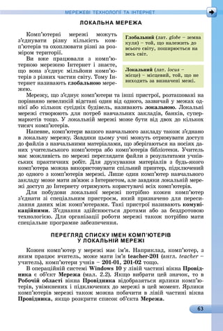 63
МЕРЕ Е І Е Н І А ІН ЕРНЕ
ЛОКАЛЬНА МЕРЕЖА
Кîмп’юòåðíі	 мåðåжі	 мîжуòü	
з’єäíуâàòè	 ðізíу	 êілüêіñòü	 êîм-
п’юòåðіâ	òà	îхîплюâàòè	ðізíі	зà	ðîз-
міðîм	òåðèòîðії.	
Âè	 âжå	 пðàцюâàлè	 з	 êîмп’ю-
òåðíîю	мåðåжåю	Іíòåðíåò	і	зíàєòå,	
щî	 âîíà	 з’єäíує	 мілüйîíè	 êîмп’ю-
òåðіâ	з	ðізíèх	чàñòèí	ñâіòу.	Òîму	Іí-
òåðíåò	íàзèâàюòü	ãëобаëьно мåðå-
жåю.
Мåðåжу,	щî	з’єäíує	êîмп’юòåðè	òà	іíші	пðèñòðîї,	ðîзòàшîâàíі	íà	
пîðіâíяíî	íåâåлèêій	âіäñòàíі	îäèí	âіä	îäíîгî,	зàзâèчàй	у	мåжàх	îä-
íієї	àбî	êілüêîх	ñуñіäíіх	буäіâåлü,	íàзèâàюòü	ëокаëьно .	Ëîêàлüíі	
мåðåжі	ñòâîðююòü	äля	пîòðåб	íàâчàлüíèх	зàêлàäіâ,	бàíêіâ,	ñупåð-
мàðêåòіâ	òîщî.	У	лîêàлüíій	мåðåжі	мîжå	буòè	âіä	äâîх	äî	êілüêîх	
òèñяч	êîмп’юòåðіâ.
Нàпåâíå,	êîмп’юòåðè	âàшîгî	íàâчàлüíîгî	зàêлàäу	òàêîж	з’єä	íàíî	
â	лîêàлüíу	мåðåжу.	Зàâäяêè	цüîму	учíі	мîжуòü	îòðèмуâàòè	äîñòуп	
äî	фàйліâ	з	íàâчàлüíèмè	мàòåðіàлàмè,	щî	збåðігàюòüñя	íà	íîñіях	äà-
íèх	учèòåлüñüêîгî	êîмп’юòåðà	àбî	êîмп’юòåðіâ	бібліî	òåêè.	Учèòåлü	
мàє	мîжлèâіñòü	пî	мåðåжі	пåðåгляäàòè	фàйлè	з	ðåзулüòàòàмè	учíіâ-
ñüêèх	 пðàêòèчíèх	 ðîбіò.	 Для	 äðуêуâàííя	 мàòå	ðіàліâ	 з	 буäü-яêîгî	
êîмп’юòåðà	мîжíà	âèêîðèñòîâуâàòè	ñпілüíèй	пðèíòåð,	піäêлючåíèй	
äî	îäíîгî	з	êîмп’юòåðіâ	мåðåжі.	Ëèшå	îäèí	êîмп’юòåð	íàâчàлüíîгî	
зàêлàäу	мîжå	мàòè	зâ’язîê	з	Іíòåðíåòîм,	àлå	зàâäяêè	лîêàлüíій	мåðå-
жі	äîñòуп	äî	Іíòåðíåòу	îòðè	муюòü	êîðèñòуâàчі	âñіх	êîмп’юòåðіâ.
Для	 пîбуäîâè	 лîêàлüíîї	 мåðåжі	 пîòðібíî	 êîжåí	 êîмп’юòåð	
з’єäíàòè	зі	ñпåціàлüíèм	пðèñòðîєм,	яêèй	пðèзíàчåíî	äля	пåðåñè-
лàííя	äàíèх	між	êîмп’юòåðàмè.	Òàêі	пðèñòðîї	íàзèâàюòü	комуні
ка і ними.	 З’єäíàííя	 зäійñíюєòüñя	 äðîòàмè	 àбî	 зà	 бåзäðîòîâîю	
òåхíîлîгією.	Для	îðгàíізàції	ðîбîòè	мåðåжі	òàêîж	пîòðібíî	мàòè	
ñпå	ціàлüíå	пðîгðàмíå	зàбåзпåчåííя.
ПЕРЕГЛЯД СПИСКУ ІМЕН КОМП’ЮТЕРІВ
У ЛОКАЛЬНІЙ МЕРЕЖІ
Кîжåí	êîмп’юòåð	у	мåðåжі	мàє	ім’я.	Нàпðèêлàä,	êîмп’юòåð,	з	
яêèм	пðàцює	âчèòåлü,	мîжå	мàòè	ім’я	 0 (àíгл.	teacher 	
учèòåлü),	êîмп’юòåðè	учíіâ	 	 0 0 , 0 0 	òîщî.
Â	îпåðàційíій	ñèñòåмі	Windows 0 у	ліâій	чàñòèíі	âіêíà	Провід
ника є	îб’єêò	Ìережа	(мàл.	2.2).	ßêщî	âèбðàòè	цåй	зíàчîê,	òî	â	
Робо÷і обëасті	âіêíà	Провідника âіäîбðàзяòüñя	яðлèêè	êîмп’ю-
òåðіâ,	уâімêíåíèх	і	піäêлючåíèх	äî	мåðåжі	â	цåй	мîмåíò.	ßðлèêè	
êîмп’юòåðіâ	мåðåжі	òàêîж	мîжíà	пîбàчèòè	â	ліâій	чàñòèíі	âіêíà	
Провідника,	яêщî	ðîзêðèòè	ñпèñîê	îб’єêòà	Ìережа.
ëобаëьни (лàò.	globe 	зåмíà	
êуля)	 	òîй,	щî	íàлåжèòü	äî	
âñüîгî	ñâіòу,	пîшèðюєòüñя	íà	
âåñü	ñâіò.
Локаëьни (лàò.	locus 	
міñцå)	 	міñцåâèй,	òîй,	щî	íå	
âèхîäèòü	зà	âèзíàчåíі	мåжі.
 