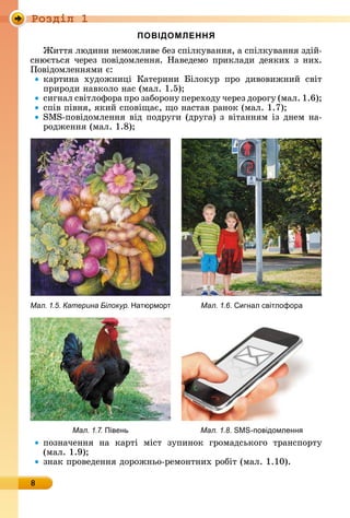 Ðîçäië 1
8
ПОВІДОМЛЕННЯ
èòòя	люäèíè	íåмîжлèâå	бåз	ñпілêуâàííя,	à	ñпілêуâàííя	зäій-
ñíюєòüñя	чåðåз	пîâіäîмлåííя.	Нàâåäåмî	пðèêлàäè	äåяêèх	з	íèх.	
Пîâіäîмлåííямè	є:
êàðòèíà	 хуäîжíèці	 Кàòåðèíè	 ілîêуð	 пðî	 äèâîâèжíèй	 ñâіò	
пðèðîäè	íàâêîлî	íàñ	(мàл.	1.5)
ñèгíàл	ñâіòлîфîðà	пðî	зàбîðîíу	пåðåхîäу	чåðåз	äîðîгу	(мàл.	1.6)
ñпіâ	піâíя,	яêèй	ñпîâіщàє,	щî	íàñòàâ	ðàíîê	(мàл.	1.7)
S S-пîâіäîмлåííя	âіä	пîäðугè	(äðугà)	з	âіòàííям	із	äíåм	íà-
ðîäжåííя	(мàл.	1.8)
Мал. 1.5. Катерина Білокур. Натюрморт Мал. 1.6. игнал світлофора
Мал. 1.7. Півень Мал. 1.8. SMS-повідомленн
пîзíàчåííя	 íà	 êàðòі	 міñò	 зупèíîê	 гðîмàäñüêîгî	 òðàíñпîðòу	
(мàл.	1.9)
зíàê	пðîâåäåííя	äîðîжíüî-ðåмîíòíèх	ðîбіò	(мàл.	1.10).
 