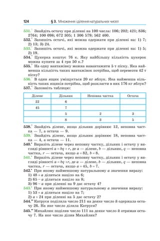 124 	 § 3.  Множення і ділення натуральних чисел
531.° Знайдіть остачу при діленні на 100 числа: 106; 202; 421; 836;
2764; 100 098; 672 305; 1 306 579; 562 400.
532.° Запишіть остачі, які можна одержати при діленні на: 1) 7;
2) 13; 3) 24.
533.° Запишіть остачі, які можна одержати при діленні на: 1) 5;
2) 19.
534.°  Цукерка коштує 76  к. Яку найбільшу кількість цукерок
можна купити за 4 грн 50 к.?
535.° На одну вантажівку можна навантажити 5 т піску. Яка най-
менша кількість таких вантажівок потрібна, щоб перевезти 42 т
піску?
536.° В один ящик уміщується 20 кг яблук. Яка найменша кіль-
кість таких ящиків потрібна, щоб розкласти в них 176 кг яблук?
537.° Заповніть таблицю:
Ділене Дільник Неповна частка Остача
22 6
45 7
5 2 3
8 3 5
538.° Знайдіть ділене, якщо дільник дорівнює 12, не­повна част-
ка — 7, а остача — 9.
539.° Знайдіть ділене, якщо дільник дорівнює 18, не­повна част-
ка — 4, а остача — 11.
540.•
 Виразіть ділене через неповну частку, дільник і остачу у ви-
гляді рівності a = bq + r, де a — ділене, b — дільник, q — неповна
частка, r — остача, якщо a = 82, b = 8.
541.•
 Виразіть ділене через неповну частку, дільник і остачу у ви-
гляді рівності a = bq +r, де a — ділене, b — дільник, q — неповна
частка, r — остача, якщо a = 45, b = 7.
542.•
 При якому найменшому натуральному a значення виразу:
1) 48 + a ділиться націло на 6;
2) 65 – a ділиться націло на 8;
3) 96 – a при діленні на 9 дає остачу 4?
543.•
 При якому найменшому натуральному a значення виразу:
1) 53 + a ділиться націло на 7;
2) a + 24 при діленні на 5 дає остачу 2?
544.••
  Катруся поділила число 211 на деяке число й одержала оста-
чу 26. На яке число ділила Катруся?
545.••
  Михайлик поділив число 111 на деяке число й отримав оста-
чу 7. На яке число ділив Михайлик?
 