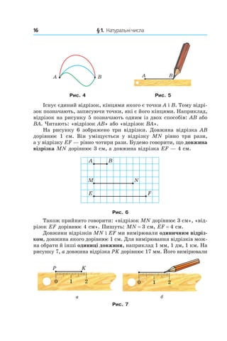16 	 § 1.  Натуральні числа
Рис. 4 Рис. 5
Існує єдиний відрізок, кінцями якого є точки A і B. Тому відрі-
зок позначають, записуючи точки, які є його кінцями. Наприклад,
відрізок на рисунку 5 позначають одним із двох способів: AB або
BA. Читають: «відрізок AB» або «відрізок BA».
На рисунку 6 зображено три відрізки. Довжина відрізка AB
дорівнює 1  см. Він уміщується у  відрізку MN рівно три рази,
а у відрізку EF — рівно чотири рази. Будемо говорити, що довжина
відрізка MN дорівнює 3 см, а довжина відрізка EF — 4 см.
Рис. 6
Також прийнято говорити: «відрізок MN дорівнює 3 см», «від-
різок EF дорівнює 4 см». Пишуть: MN = 3 см, EF = 4 см.
Довжини відрізків MN і EF ми вимірювали одиничним відріз-
ком, довжина якого дорівнює 1 см. Для вимірювання відрізків мож-
на обрати й інші одиниці довжини, наприклад 1 мм, 1 дм, 1 км. На
рисунку 7, а довжина відрізка PK дорівнює 17 мм. Його вимірювали
а б
Рис. 7
 
