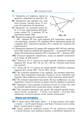 30 	 § 1.  Натуральні числа
95.•
 Запишіть усі відрізки, прямі та
промені, зображені на рисунку 44.
96.•
 Накресліть два промені так, щоб
їхня спільна частина була: 1) точ-
кою; 2) відрізком; 3) променем.
97.•
 Позначте на площині точки M,
K, T і F так, щоб промінь MK пере-
тинав пряму TF, а промінь TF не
перетинав пряму MK.
98.•
 Накресліть пряму AC, відрізки KE
і  BD, промінь ST так, щоб відрізок KE перетинав пряму AC
і не перетинав промінь ST, відрізок BD не перетинав пряму AC
і відрізок KE і перетинав промінь ST, а пряма AC і промінь ST
перетинались.
99.•
 Накресліть промінь CD, пряму AB і відрізки MK і OP так, щоб від-
різок MK лежав на прямій AB, відрізок OP — на промені CD і щоб
пряма AB перетинала відрізок OP, а промінь CD — відрізок MK.
100.•
 Скільки променів утвориться, якщо на прямій позначити:
1) 4 точки; 2) 100 точок?
101.••
 Точки A, B і C лежать на одній прямій. Знайдіть довжину
відрізка BC, якщо AB = 24 см, AC = 32 см. Скільки розв’язків
має задача?
102.••
 Точки M, K і N лежать на одній прямій. Знайдіть довжину
відрізка KN, якщо MK = 15 см, MN = 6 см.
103.••
 На площині проведено п’ять прямих, що попарно перетина-
ються. Яка найменша можлива кількість точок перетину цих
прямих? Яка найбільша кількість точок перетину може бути?
104.* На площині проведено три прямі. На яку найбільшу і на яку
найменшу кількість частин ці прямі можуть розбити площину?
105.* Проведіть шість прямих і позначте на них 11 точок так, щоб
на кожній прямій було позначено рівно чотири точки.
106.* На площині проведено три прямі. На першій прямій позна-
чено 5 точок, на другій — 7 точок, а на третій — 3 точки. Яку
найменшу кількість різних точок можна позначити?
Вправи для повторення
107.  У парку росте 168 дубів, беріз — у 4 рази менше, ніж дубів,
а кленів — на 37 дерев більше, ніж беріз. Скільки всього дубів,
беріз і кленів росте в парку?
108.  Група туристів пройшла пішки 72  км, проїхала поїздом
у 5 разів більше, ніж пройшла пішки, а автобусом проїхала на
Рис. 44
 