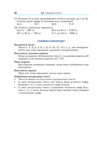 46 	 § 1.  Натуральні числа
11.  Будинки на вулиці пронумеровані поспіль числами від 1 до 25.
Скільки разів цифра 2 повторюється в ну­ме­рації?
А) 5	 Б) 7	 В) 8	 Г) 9
12.  Укажіть правильну нерівність:
А) 6 ц < 598 кг	 В) 2 км 85 м > 2122 м
Б) 7 ц 32 кг > 723 кг	 Г) 1 км 42 м > 1200 м
Головне в параграфі 1
Натуральні числа
Числа 1, 2, 3, 4, 5, 6, 7, 8, 9, 10, 11, 12 і т. д., які використо-
вують при лічбі предметів, називають натуральними.
Властивість довжини відрізка
Якщо на відрізку AB позначити точку C, то довжина відрізка AB
дорівнює сумі довжин відрізків AC і CB.
Рівні відрізки
Два відрізки називають рівними, якщо вони суміщаються при
накладанні.
Властивість прямої
Через дві точки проходить тільки одна пряма.
Порівняння натуральних чисел
•• Число 0 менше від будь-якого натурального числа.
•• Із двох натуральних чисел, які мають різну кількість цифр,
більшим є те, у якого кількість цифр більша.
•• Із двох натуральних чисел з однаковою кількістю цифр біль-
шим є те, у якого більша перша (при читанні зліва направо)
з неоднакових цифр.
 