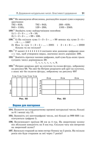 7. Додавання натуральних чисел. Властивості додавання 51
188.••
 Не виконуючи обчислення, розташуйте подані суми в порядку
зростання:
782 + 659;	 782 + 943;	 288 + 659;
943 + 1105;	 129 + 288;	 1105 + 2563.
189.••
 Знайдіть суму найзручнішим способом:
1) 1 + 2 + 3 + ... + 9 + 10;	
2) 1 + 2 + 3 + ... + 99 + 100.
190.* 1) На скільки сума 1 + 3 + 5 + ... + 99 менша від суми 2 + 4 +     
+ 6 + ... + 100?
2) Яка із сум 1 + 3 + 5 + ... + 2001 і  2 + 4 + 6 + ... + 2000
більша та на скільки?
191.* У записі 4 4 4 4 4 4 4 4 поставте між деякими цифрами знак
«+» так, щоб утворився вираз, значення якого дорівнює 500.
192.* Замініть зірочки такими цифрами, щоб сума будь-яких трьох
сусідніх чисел дорівнювала 20:
7, *, *, *, *, *, *, 9.
193.* Петрик розрізав дріт на кусочки та склав фігуру, зображену
на рисунку 68. Чи зміг би Петрик розрізати цей дріт на кусочки,
з яких міг би скласти фігуру, зображену на рисунку 69?
1 см 1 см 1 см 1 см 1 см
2 см2 см
3 см 3 см 3 см
1 см1 см1 см
Рис. 68 Рис. 69
Вправи для повторення
194.  Позначте на координатному промені натуральні числа, більші
за 6 і менші від 12.
195.  Запишіть усі шестицифрові числа, які більші за 999 888 і за-
кінчуються цифрою 5.
196.  Велосипедист проїхав 36 км за 4 год. На зворотному шляху
він збільшив швидкість на 3 км/год. Скільки часу він витратив
на зворотний шлях?
197.  Василько старший за свою сестру Оленку на 5 років. На скільки
років він буде старшим за неї через 7 років?
 