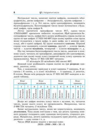 8 	 § 1.  Натуральні числа
Натуральні числа, записані однією цифрою, називають одно-
цифровими, двома цифрами — двоцифровими, трьома цифрами —
трицифровими і т. д. Усі числа, крім одноцифрових, називають
багатоцифровими. Багатоцифрове число може починатися з будь-
якої цифри, крім цифри 0.
Легко прочитати трицифрове число 917, однак число
17025543607 прочитати набагато складніше. Щоб прочитати ба-
гатоцифрове число, цифри його запису розбивають справа наліво на
групи по три цифри: 17 025 543 607 (при цьому крайня зліва група
може складатися з трьох цифр, із двох цифр, як у нашому при-
кладі, або з однієї цифри). Ці групи називають класами. Перший
справа клас називають класом одиниць, другий — класом тисяч,
третій — класом мільйонів, четвертий — класом мільярдів і т. д.
Під час читання багатоцифрового числа число, записане в кож-
ному класі, читають як трицифрове, двоцифрове або одноцифрове,
додаючи при цьому назву класу (зазвичай назву класу одиниць не
промовляють). Число 17 025 543 607 читають:
17 мільярдів 25 мільйонів 543 тисячі 607.
Кожний клас розбивають справа наліво на три розряди: оди-
ниці, десятки, сотні.
Так, у наведеному прикладі в класі одиниць 7 одиниць, 0 де-
сятків і 6 сотень, а в класі мільйонів — 5 одиниць, 2 десятки,
0 сотень. Назви всіх розрядів числа 17 025 543 607 наведено в по-
даній таблиці.
Клас
мільярдів
Клас
мільйонів
Клас
тисяч
Клас
одиниць
1 7 0 2 5 5 4 3 6 0 7
Десятки
мільярдів
Одиниці
мільярдів
Сотні
мільйонів
Десятки
мільйонів
Одиниці
мільйонів
Сотні
тисяч
Десятки
тисяч
Одиниці
тисяч
Сотні
Десятки
Одиниці
Якщо всі цифри якогось класу числа є нулями, то, читаючи
число, назву цього класу не промовляють. Наприклад, число
2 000 724 читають: 2 мільйони 724.
Запис натуральних чисел, яким ми користуємося, називають
десятковим. Така назва пов’язана з тим, що десять одиниць кож-
ного розряду складають одну одиницю наступного, старшого роз-
ряду. Наприклад, десять одиниць складають один десяток, десять
десятків — одну сотню і т. д.
Число 2958 можна подати у вигляді суми:
2958 = 2000 + 900 + 50 + 8
 