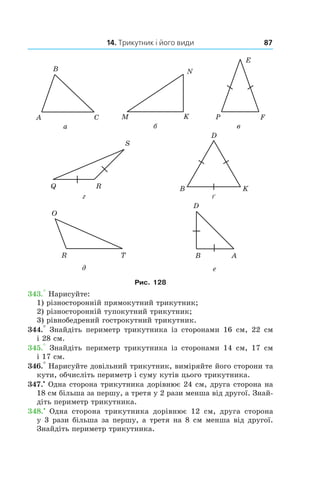 14. Трикутник і його види 87
Рис. 128
343.° Нарисуйте:
1) різносторонній прямокутний трикутник;
2) різносторонній тупокутний трикутник;
3) рівнобедрений гострокутний трикутник.
344.°  Знайдіть периметр трикутника із сторонами 16  см, 22  см
і 28 см.
345.°  Знайдіть периметр трикутника із сторонами 14  см, 17  см
і 17 см.
346.° Нарисуйте довільний трикутник, виміряйте його сторони та
кути, обчисліть периметр і суму кутів цього трикутника.
347.•
 Одна сторона трикутника дорівнює 24 см, друга сторона на
18 см більша за першу, а третя у 2 рази менша від другої. Знай­
діть периметр трикутника.
348.•
  Одна сторона трикутника дорівнює 12 см, друга сторона
у 3 рази більша за першу, а третя на 8 см менша від другої.
Знайдіть периметр трикутника.
 