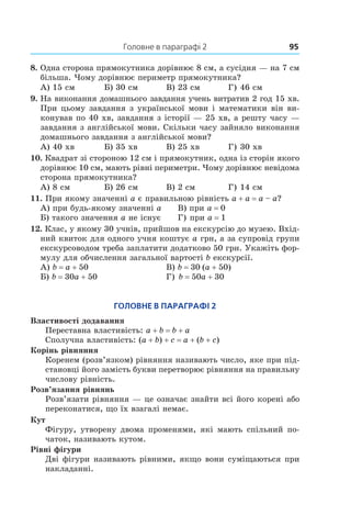 Головне в параграфі 2	 95
8.	 Одна сторона прямокутника дорівнює 8 см, а сусідня — на 7 см
більша. Чому дорівнює периметр прямокутника?
А) 15 см	 Б) 30 см	 В) 23 см	 Г) 46 см
9.	 На виконання домашнього завдання учень витратив 2 год 15 хв.
При цьому завдання з української мови і математики він ви-
конував по 40 хв, завдання з історії — 25 хв, а решту часу —
завдання з англійської мови. Скільки часу зайняло виконання
домашнього завдання з англійської мови?
А) 40 хв	 Б) 35 хв	 В) 25 хв	 Г) 30 хв
10. Квадрат зі стороною 12 см і прямокутник, одна із сторін якого
дорівнює 10 см, мають рівні периметри. Чому дорівнює невідома
сторона прямокутника?
А) 8 см	 Б) 26 см	 В) 2 см	 Г) 14 см
11. При якому значенні a є правильною рівність a + a = a – a?
А) при будь-якому значенні a	    В) при a = 0
Б) такого значення a не існує	 Г) при a = 1
12. Клас, у якому 30 учнів, прийшов на екскурсію до музею. Вхід-
ний квиток для одного учня коштує a грн, а за супровід групи
екскурсоводом треба заплатити додатково 50 грн. Укажіть фор-
мулу для обчислення загальної вартості b екскурсії.
А) b = a + 50	 В) b = 30  (a + 50)
Б) b = 30a + 50	 Г) b = 50a + 30
Головне в параграфі 2
Властивості додавання
Переставна властивість: a + b = b + a
Сполучна властивість: (a + b) + c = a + (b + c)
Корінь рівняння
Коренем (розв’язком) рівняння називають число, яке при під-
становці його замість букви перетворює рівняння на правильну
числову рівність.
Розв’язання рівнянь
Розв’язати рівняння — це означає знайти всі його корені або
переконатися, що їх взагалі немає.
Кут
Фігуру, утворену двома променями, які мають спільний по-
чаток, називають кутом.
Рівні фігури
Дві фігури називають рівними, якщо вони суміщаються при
накладанні.
 