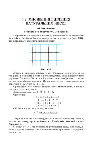 § 3. Множення і ділення
натуральних чисел
16. Множення.
Переставна властивість множення
Накреслимо на аркуші в клітинку прямокутник із сторонами
5 см і 3 см. Розіб’ємо його на квадрати із стороною 1 см (рис. 139).
Як підрахувати кількість цих квадратів?
Рис. 139
Можна, наприклад, міркувати так. Прямокутник розділено на
три ряди, у кожному з яких є п’ять квадратів. Тому шукане число
дорівнює 5 + 5 + 5 = 15. У лівій частині записаної рівності знахо-
диться сума рівних доданків. Як ви знаєте, таку суму записують
коротше: 5 . 3. Отже, 5 . 3 = 15.
У рівності a . b = c числа a і b називають множниками, а число с
і запис a . b — добутком.
Можна записати, що 5 . 3 = 5 + 5 + 5.
Аналогічно:
3 . 5 = 3 + 3 + 3 + 3 + 3;
7 . 4 = 7 + 7 + 7 + 7;
1 . 6 = 1 + 1 + 1 + 1 + 1 + 1;
0 . 5 = 0 + 0 + 0 + 0 + 0.
У буквеному вигляді записують так:
a b a a a a
b
. ... .= + + + +
äîäàíê³â
Добутком числа a на натуральне число b, яке не дорівнює 1,
називають суму, що складається з b доданків, кожний з яких
дорівнює a.
А якщо b = 1? Тоді доведеться розглядати суму, яка склада-
ється з одного доданка, що в математиці не прийнято. Тому домо­
вились, що
 
