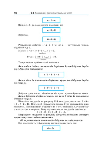 98 	 § 3.  Множення і ділення натуральних чисел
a . 1 = a
Якщо b = 0, то домовилися вважати, що
a . 0 = 0
Зокрема,
0 . 0 = 0
Розглянемо добутки 1 . a  і  0 . a, де а — натуральне число,
відмінне від 1.
Маємо: 1 . a = 1 1 1 1+ + + +...
a äîäàíê³â
 = a,
0 . a =  0 0 0 0+ + + +...
a äîäàíê³â
 = 0.
Тепер можна зробити такі висновки.
Якщо один із двох множників дорівнює 1, то добуток дорів-
нює другому множнику:
a . 1 = 1 . a = a
Якщо один із множників дорівнює нулю, то добу­ток дорів-
нює нулю:
a . 0 = 0 . a = 0
Добуток двох чисел, відмінних від нуля, нулем бути не може.
Якщо добуток дорівнює нулю, то хоча б один із множників
дорівнює нулю.
Кількість квадратів на рисунку 139 ми підрахували так: 5 + 5 +
+  5 = 5 . 3 = 15. Проте цей підрахунок можна було зробити й іншим
способом. Прямокутник поділено на п’ять стовпчиків, у кожному
з яких є три квадрати. Тому шукане число квадратів дорівнює:
3 + 3 + 3 + 3 + 3 = 3 . 5 = 15.
Підрахунок квадратів на рисунку 139 двома способами ілюструє
переставну властивість множення:
від перестановки множників добуток не змінюється.
Цю властивість у буквеному вигляді записують так:
ab = ba
 