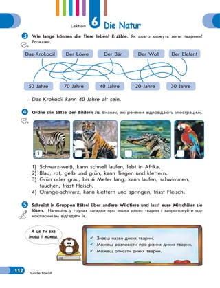 Lektion 6 Die Natur
112 hundertzwölf

Wie lange können die Tiere leben? Erzähle. Як довго можуть жити тварини?
Розкажи.
Das Krokodil
50 Jahre
Der Wolf
20 Jahre
Der Bär
40 Jahre
Der Löwe
70 Jahre
Der Elefant
30 Jahre
Das Krokodil kann 40 Jahre alt sein.

Ordne die Sätze den Bildern zu. Визнач, які речення відповідають ілюстраціям.
1
1) Schwarz-weiß, kann schnell laufen, lebt in Afrika.
2) Blau, rot, gelb und grün, kann fliegen und klettern.
3) Grün oder grau, bis 6 Meter lang, kann laufen, schwimmen,
tauchen, frisst Fleisch.
4) Orange-schwarz, kann klettern und springen, frisst Fleisch.

Schreibt in Gruppen Rätsel über andere Wildtiere und lasst eure Mitschüler sie
lösen. Напишіть у групах загадки про інших диких тварин і запропонуйте од-
нокласникам відгадати їх.
 Знаєш назви диких тварин.
 Можеш розповісти про різних диких тварин.
 Можеш описати диких тварин.
А це ти вже
знаєш i можеш.
 