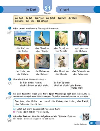 Stunde
115
hundertfünfzehn
У селі
Im Dorf 51
51
 Höre zu und sprich nach. Прослухай і повтори.
die Kuh —
die Kühe
das Pferd —
die Pferde
das Schaf —
die Schafe
das Huhn —
die Hühner
der Hahn —
die Hähne
die Katze —
die Katzen
der Hund —
die Hunde
das Schwein —
die Schweine

Löse das Rätsel. Відгадай загадку.
Er hat einen Kamm, Er hat Sporen
doch kämmt er sich nicht. Und ist doch kein Reiter.
(der
Hahn)

Auf dem Bauernhof leben viele Tiere. Spielt Minidialoge nach dem Muster. На се-
лянському подвір’ї живе багато тварин. Зіграйте невеликі діалоги за зразком.
Die Kuh, das Huhn, der Hund, die Katze, der Hahn, das Pferd,
das Schwein, das Schaf.
A: Lebt auf dem Bauernhof nur eine Kuh?
B: Nein, dort leben viele Kühe.

Höre den Text und löse die Aufgaben auf der Website. Прослу-
хай текст і виконай завдання на веб-сайті.
das Dorf die Kuh das Pferd das Schaf das Huhn der Hahn
die Katze der Hund das Schwein
 