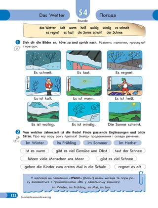 Stunde
122
Погода
Das Wetter 54
54
hundertzweiundzwanzig
das Wetter kalt warm heiß wolkig windig es schneit
es regnet es taut die Sonne scheint der Schnee
У відповіді на запитання «Wann?» (Коли?) назви місяців та пори ро-
ку вживаються з прийменником «in» у давальному відмінку:
im Winter, im Frühling, im Mai, im Juni.
 Sieh dir die Bilder an, höre zu und sprich nach. Розглянь малюнки, прослухай
і повтори.
Es schneit. Es taut. Es regnet.
Es ist kalt. Es ist warm. Es ist heiß.
Es ist wolkig. Es ist windig. Die Sonne scheint.

Von welcher Jahreszeit ist die Rede? Finde passende Ergänzungen und bilde
Sätze. Про яку пору року йдеться? Знайди продовження і склади речення.
Im Winter Im Frühling Im Sommer Im Herbst
ist es warm gibt es viel Gemüse und Obst taut der Schnee
fahren viele Menschen ans Meer gibt es viel Schnee
gehen die Kinder zum ersten Mal in die Schule regnet es oft
 