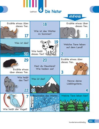 ANFANG
Lektion 6 Die Natur
131
Erzähle etwas über
dieses Tier.
17
18
18
Wie ist das Wetter
im Sommer?
Erzähle etwas über
dieses Tier.
1
Was ist das?
28
28
19
19
Wie heißt
dieses Tier?
Welche Tiere leben
auf dem Land?
2
2
29
Erzähle etwas
über dieses Tier.
20
20
Hast du Haustiere?
Wie heißen sie?
Erzähle etwas über
dieses Tier.
3
Wie heißt
das Tier?
22
22
Was ist das?
21
21
Nenne deine
Lieblingstiere.
4
4
7
Wie heißt der Vogel?
Beschreibe das Wetter.
6
6
Welche Tiere leben hier?
5
5
hunderteinunddreißig 131
Erzähl
W
d
W
 