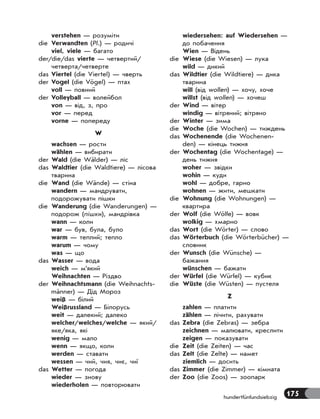 175
hundertfünfundsiebzig
verstehen — розуміти
die Verwandten (Pl.) — родичі
viel, viele — багато
der/die/das vierte — четвертий/
четверта/четверте
das Viertel (die Viertel) — чверть
der Vogel (die Vögel) — птах
voll — повний
der Volleyball — волейбол
von — від, з, про
vor — перед
vorne — попереду
W
wachsen — рости
wählen — вибирати
der Wald (die Wälder) — ліс
das Waldtier (die Waldtiere) — лісова
тварина
die Wand (die Wände) — стіна
wandern — мандрувати,
подорожувати пішки
die Wanderung (die Wanderungen) —
подорож (пішки), мандрівка
wann — коли
war — був, була, було
warm — теплий; тепло
warum — чому
was — що
das Wasser — вода
weich — м’який
Weihnachten — Різдво
der Weihnachtsmann (die Weihnachts-
männer) — Дід Мороз
weiß — білий
Weißrussland — Білорусь
weit — далекий; далеко
welcher/welches/welche — який/
яке/яка, які
wenig — мало
wenn — якщо, коли
werden — ставати
wessen — чий, чия, чиє, чиї
das Wetter — погода
wieder — знову
wiederholen — повторювати
wiedersehen: auf Wiedersehen —
до побачення
Wien — Відень
die Wiese (die Wiesen) — лука
wild — дикий
das Wildtier (die Wildtiere) — дика
тварина
will (від wollen) — хочу, хоче
willst (від wollen) — хочеш
der Wind — вітер
windig — вітряний; вітряно
der Winter — зима
die Woche (die Wochen) — тиждень
das Wochenende (die Wochenen-
den) — кінець тижня
der Wochentag (die Wochentage) —
день тижня
woher — звідки
wohin — куди
wohl — добре, гарно
wohnen — жити, мешкати
die Wohnung (die Wohnungen) —
квартира
der Wolf (die Wölfe) — вовк
wolkig — хмарно
das Wort (die Wörter) — слово
das Wörterbuch (die Wörterbücher) —
словник
der Wunsch (die Wünsche) —
бажання
wünschen — бажати
der Würfel (die Würfel) — кубик
die Wüste (die Wüsten) — пустеля
Z
zahlen — платити
zählen — лічити, рахувати
das Zebra (die Zebras) — зебра
zeichnen — малювати, креслити
zeigen — показувати
die Zeit (die Zeiten) — час
das Zelt (die Zelte) — намет
ziemlich — досить
das Zimmer (die Zimmer) — кімната
der Zoo (die Zoos) — зоопарк
 