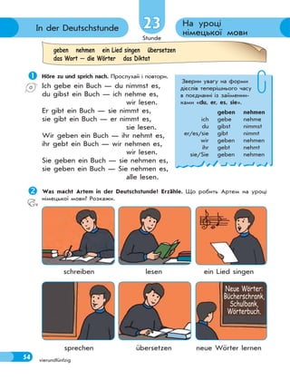 Stunde
54 vierundfünfzig
23
23 На уроці
німецької мови
In der Deutschstunde
geben nehmen ein Lied singen übersetzen
das Wort — die Wörter das Diktat
 Höre zu und sprich nach. Прослухай і повтори.
Ich gebe ein Buch — du nimmst es,
du gibst ein Buch — ich nehme es,
wir lesen.
Er gibt ein Buch — sie nimmt es,
sie gibt ein Buch — er nimmt es,
sie lesen.
Wir geben ein Buch — ihr nehmt es,
ihr gebt ein Buch — wir nehmen es,
wir lesen.
Sie geben ein Buch — sie nehmen es,
sie geben ein Buch — Sie nehmen es,
alle lesen.

Was macht Artem in der Deutschstunde? Erzähle. Що робить Артем на уроці
німецької мови? Розкажи.
Зверни увагу на форми
дієслів теперішнього часу
в поєднанні із займенни-
ками «du, er, es, sie».
geben nehmen
ich gebe nehme
du gibst nimmst
er/es/sie gibt nimmt
wir geben nehmen
ihr gebt nehmt
sie/Sie geben nehmen
Neue Wörter:
Bϋcherschrank,
Schulbank,
Wörterbuch.
schreiben lesen ein Lied singen
sprechen übersetzen neue Wörter lernen
 