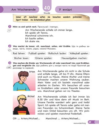 Stunde
89
neunundachtzig
У вихідні
Am Wochenende 40
40
 Höre zu und sprich nach. Прослухай і повтори.
Am Wochenende schlafe ich immer lange.
Ich spiele oft Tennis.
Manchmal schwimme ich.
Ich bastle selten.
Ich skate nie.

Was machst du immer, oft, manchmal, selten, nie? Erzähle. Що ти робиш за-
вжди, часто, інколи, рідко, ніколи? Розкажи.
Rad fahren Fußball spielen Rollschuh laufen Volleyball spielen
Bücher lesen Gitarre spielen Hausaufgaben machen

Was machen die Kinder am Wochenende oft oder manchmal? Lies zwei Erzählun-
gen und vergleiche sie. Що роблять діти у вихідні часто чи іноді? Прочитай дві
розповіді та порівняй.
Am Wochenende gehe ich nicht in die Schule
und schlafe lange, oft bis 9 Uhr. Meine Eltern
sind auch zu Hause. Meine Mutter und meine
Schwester machen unsere Wohnung sauber.
Mein Vater und ich basteln manchmal oder
arbeiten im Garten. Wir besuchen oft unse-
re Großeltern oder unsere Freunde besuchen
uns. Manchmal gehen wir ins Theater.
Am Wochenende schlafe ich fast immer bis
8.30 Uhr und höre dann oft Musik im Bett.
Unsere Familie wandert sehr gern und treibt
Sport. Ich spiele oft Tennis oder gehe mit mei-
nen Freunden ins Schwimmbad. Meine Tante
und mein Onkel besuchen uns oft. Wir pick-
nicken und spielen manchmal Federball.
Oft ... Artem/Michael... Manchmal ... Artem/Michael...
immer oft manchmal selten nie besuchen wandern picknicken
Sport treiben ins Schwimmbad gehen
Artem
Michael
 