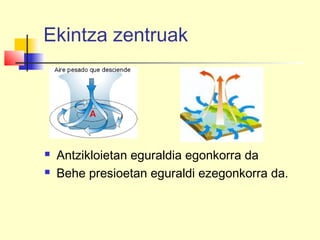 Ekintza zentruak
 Antzikloietan eguraldia egonkorra da
 Behe presioetan eguraldi ezegonkorra da.
 