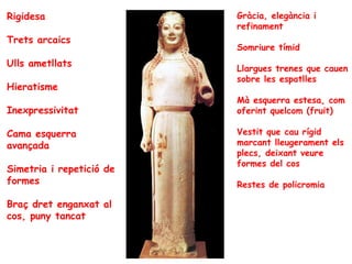 Rigidesa                  Gràcia, elegància i
                          refinament
Trets arcaics
                          Somriure tímid
Ulls ametllats            Llargues trenes que cauen
                          sobre les espatlles
Hieratisme
                          Mà esquerra estesa, com
Inexpressivitat           oferint quelcom (fruit)

Cama esquerra             Vestit que cau rígid
avançada                  marcant lleugerament els
                          plecs, deixant veure
                          formes del cos
Simetria i repetició de
formes                    Restes de policromia

Braç dret enganxat al
cos, puny tancat
 