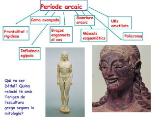 Període arcaic
                                     Somriure
                Cama avançada                         Ulls
                                     arcaic
                                                      ametllats
Frontalitat i            Braços
                         enganxats      Músculs
rigidesa                                                    Policroma
                         al cos         esquemàtics


         Influència
         egípcia




Qui va ser
Dèdal? Quina
relació té amb
l'origen de
l’escultura
grega segons la
mitologia?
 