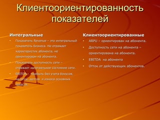 Клиентоориентированность показателей Интегральные Показатель  Revenue  – это интегральный показатель бизнеса. Не отражает характеристик абонента, не ориентирован на абонента.  Показатель доступность сети – отражает интегральное состояние сети. EBITDA -  прибыль без учета бонусов, налогов, долгов  и износа основных средств.  Клиентоориентированные ARPU –  ориентирован на абонента. Доступность сети на абонента – ориентирована на абонента. EBITDA  на абонента  Отток от действующих абонентов. 