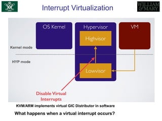 Interrupt Virtualization
KVM/ARM implements virtual GIC Distributor in software
What happens when a virtual interrupt occurs?
 