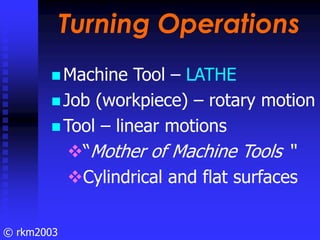 © rkm2003
Turning Operations
Turning Operations
Machine Tool – LATHE
Job (workpiece) – rotary motion
Tool – linear motions...