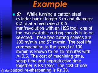© rkm2003
Example
Example
6: While turning a carbon steel
cylinder bar of length 3 m and diameter
0.2 m at a feed rate of ...