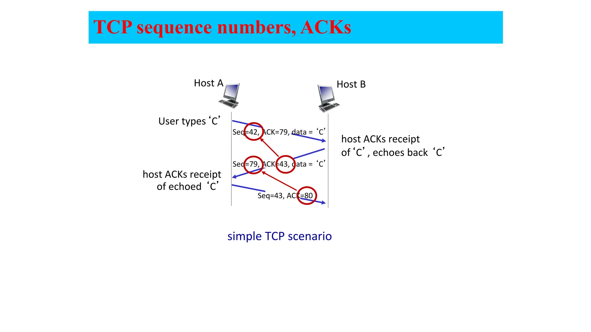 TCP sequence numbers, ACKs
simple TCP scenario
User types‘C’
Seq=42, ACK=79, data = ‘C’
host ACKs receipt
of echoed ‘C’
host ACKs receipt
of‘C’, echoes back ‘C’
Host B
Host A
Seq=79, ACK=43, data = ‘C’
Seq=43, ACK=80
 