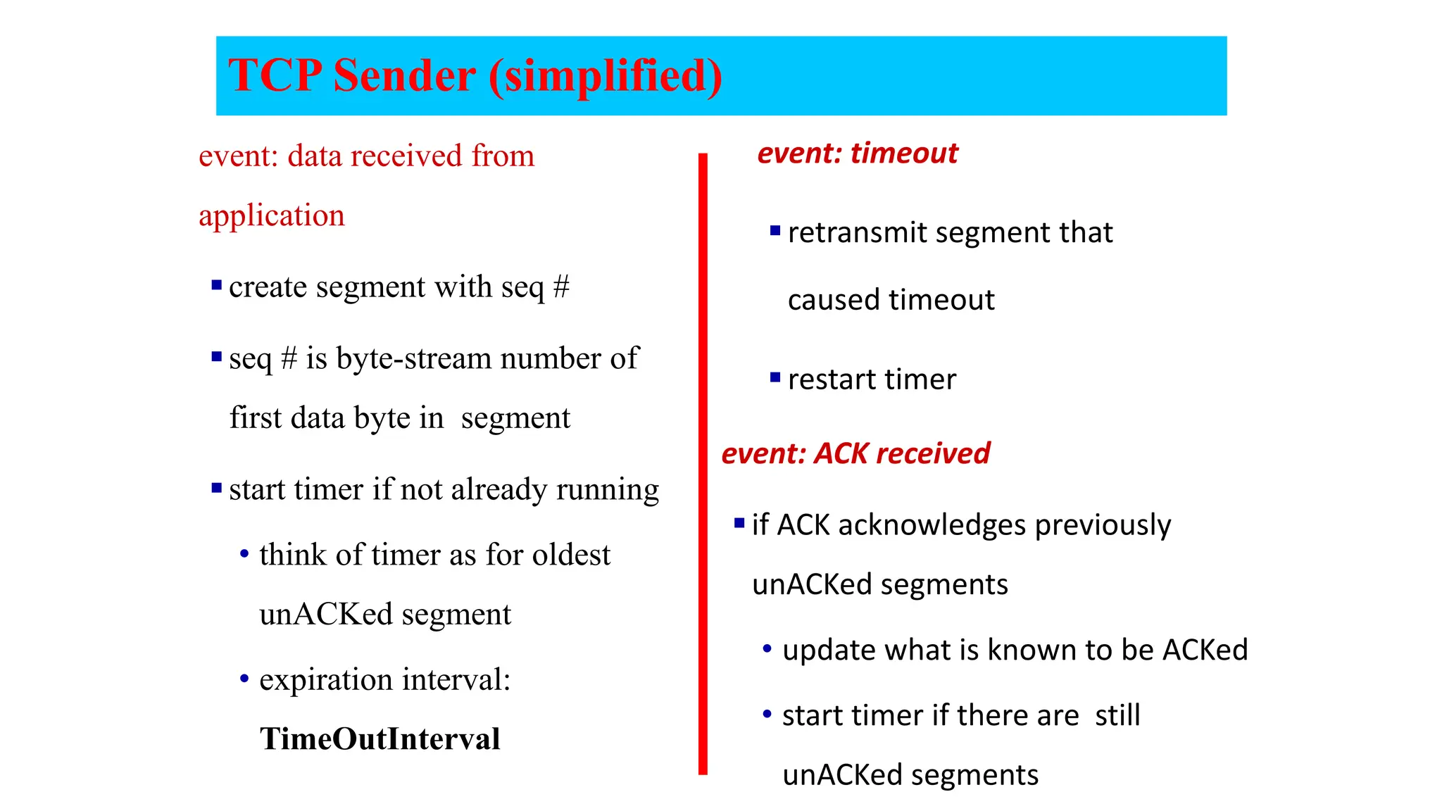 TCP Sender (simplified)
event: data received from
application
create segment with seq #
seq # is byte-stream number of
first data byte in segment
start timer if not already running
• think of timer as for oldest
unACKed segment
• expiration interval:
TimeOutInterval
event: timeout
retransmit segment that
caused timeout
restart timer
event: ACK received
if ACK acknowledges previously
unACKed segments
• update what is known to be ACKed
• start timer if there are still
unACKed segments
 