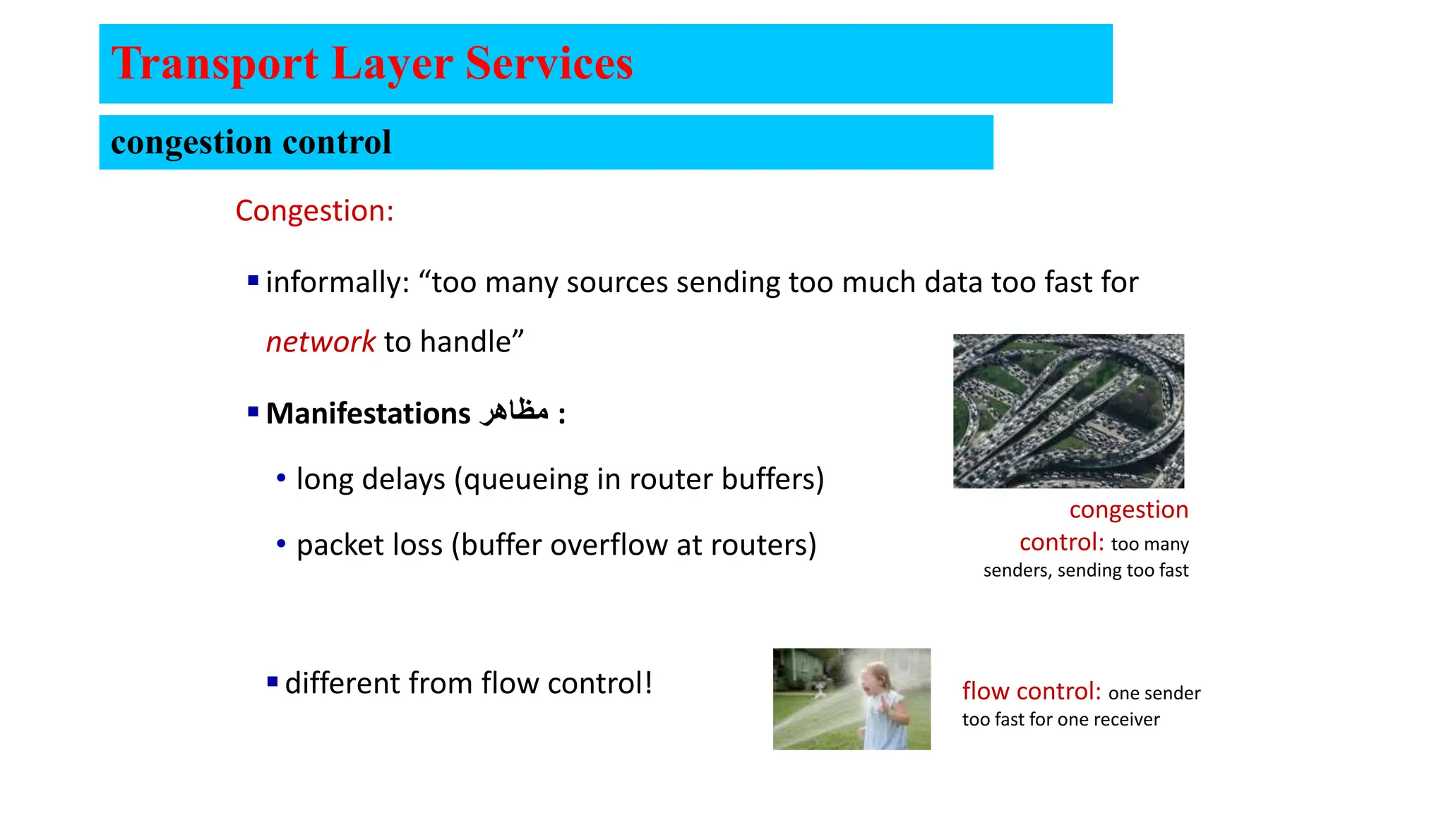 Congestion:
informally: “too many sources sending too much data too fast for
network to handle”
Manifestations ‫مظاهر‬ :
• long delays (queueing in router buffers)
• packet loss (buffer overflow at routers)
different from flow control!
Transport Layer Services
congestion
control: too many
senders, sending too fast
flow control: one sender
too fast for one receiver
congestion control
 