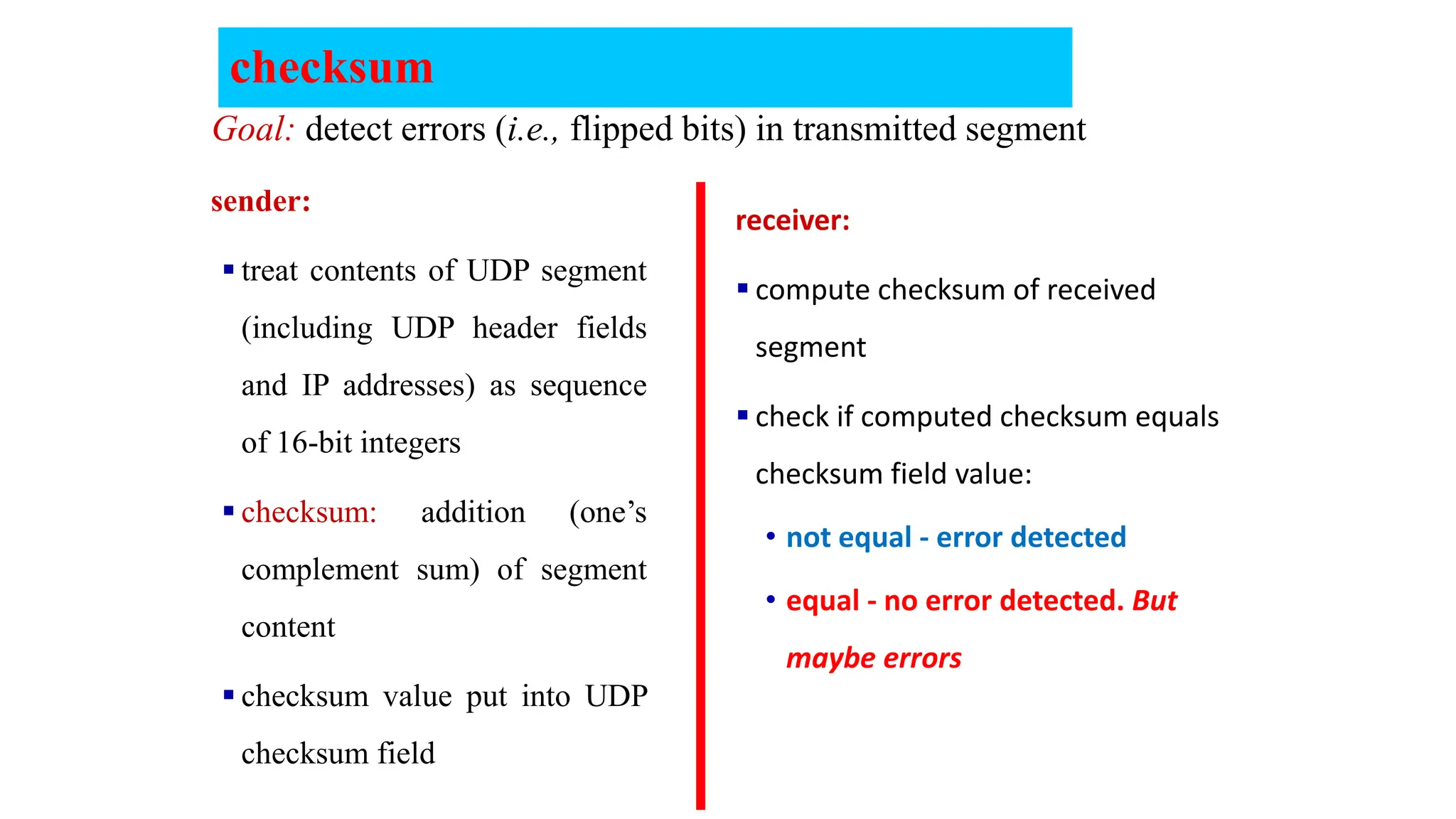 checksum
sender:
 treat contents of UDP segment
(including UDP header fields
and IP addresses) as sequence
of 16-bit integers
 checksum: addition (one’s
complement sum) of segment
content
 checksum value put into UDP
checksum field
receiver:
 compute checksum of received
segment
 check if computed checksum equals
checksum field value:
• not equal - error detected
• equal - no error detected. But
maybe errors
Goal: detect errors (i.e., flipped bits) in transmitted segment
 