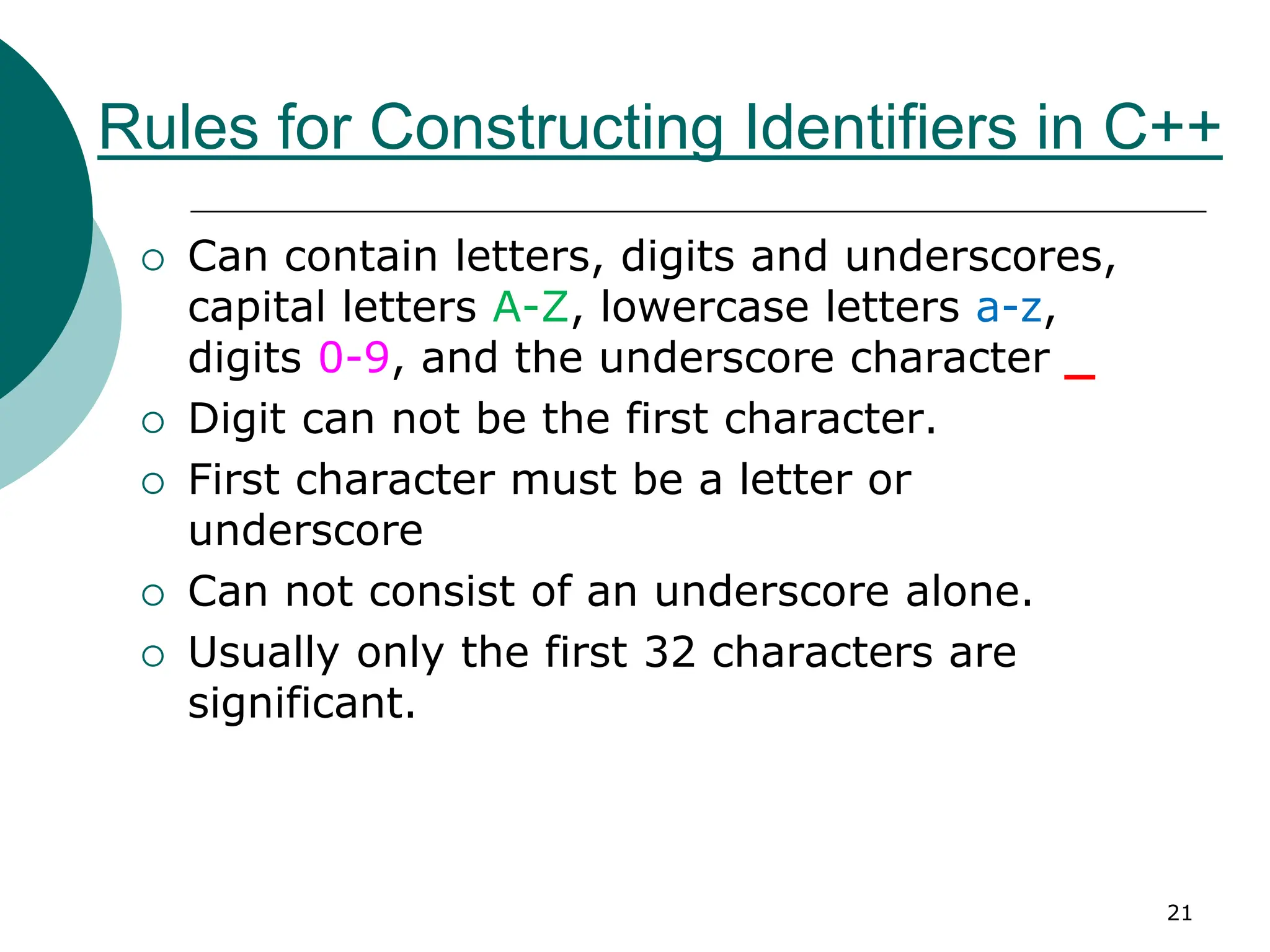 Rules for Constructing Identifiers in C++
 Can contain letters, digits and underscores,
capital letters A-Z, lowercase letters a-z,
digits 0-9, and the underscore character _
 Digit can not be the first character.
 First character must be a letter or
underscore
 Can not consist of an underscore alone.
 Usually only the first 32 characters are
significant.
21
 
