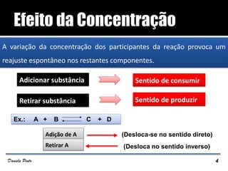A variação da concentração dos participantes da reação provoca um
reajuste espontâneo nos restantes componentes.
Adicionar substância Sentido de consumir
Retirar substância Sentido de produzir
Ex.: A + B C + D
Adição de A
Retirar A
(Desloca-se no sentido direto)
(Desloca no sentido inverso)
4Daniela Pinto
 