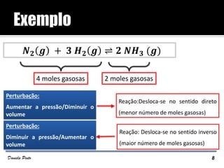 𝑵 𝟐 𝒈 + 𝟑 𝑯 𝟐 𝒈 ⇌ 𝟐 𝑵𝑯 𝟑 (𝒈)
Perturbação:
Aumentar a pressão/Diminuir o
volume
Perturbação:
Diminuir a pressão/Aumentar o
volume
Reação:Desloca-se no sentido direto
(menor número de moles gasosas)
Reação: Desloca-se no sentido inverso
(maior número de moles gasosas)
4 moles gasosas 2 moles gasosas
8Daniela Pinto
 