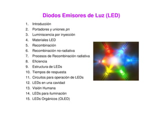 Diodos Emisores de Luz (LED)
1.   Introducción
2.   Portadores y uniones pn
3.   Luminiscencia por inyección
4.   Materiales LED
5.   Recombinación
6.   Recombinación no-radiativa
7.   Procesos de Recombinación radiativa
8.   Eficiencia
9.   Estructura de LEDs
10. Tiempos de respuesta
11. Circuitos para operación de LEDs
12. LEDs en una cavidad
13. Visión Humana
14. LEDs para iluminación
15. LEDs Orgánicos (OLED)
 