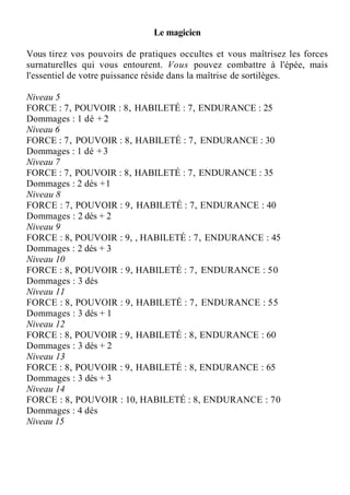 Le magicien
Vous tirez vos pouvoirs de pratiques occultes et vous maîtrisez les forces
surnaturelles qui vous entourent. Vous pouvez combattre à l'épée, mais
l'essentiel de votre puissance réside dans la maîtrise de sortilèges.
Niveau 5
FORCE : 7, POUVOIR : 8, HABILETÉ : 7, ENDURANCE : 25
Dommages : 1 dé + 2
Niveau 6
FORCE : 7, POUVOIR : 8, HABILETÉ : 7, ENDURANCE : 30
Dommages : 1 dé +3
Niveau 7
FORCE : 7, POUVOIR : 8, HABILETÉ : 7, ENDURANCE : 35
Dommages : 2 dés +1
Niveau 8
FORCE : 7, POUVOIR : 9, HABILETÉ : 7, ENDURANCE : 40
Dommages : 2 dés + 2
Niveau 9
FORCE : 8, POUVOIR : 9, , HABILETÉ : 7, ENDURANCE : 45
Dommages : 2 dés + 3
Niveau 10
FORCE : 8, POUVOIR : 9, HABILETÉ : 7, ENDURANCE : 50
Dommages : 3 dés
Niveau 11
FORCE : 8, POUVOIR : 9, HABILETÉ : 7, ENDURANCE : 55
Dommages : 3 dés + 1
Niveau 12
FORCE : 8, POUVOIR : 9, HABILETÉ : 8, ENDURANCE : 60
Dommages : 3 dés + 2
Niveau 13
FORCE : 8, POUVOIR : 9, HABILETÉ : 8, ENDURANCE : 65
Dommages : 3 dés + 3
Niveau 14
FORCE : 8, POUVOIR : 10, HABILETÉ : 8, ENDURANCE : 70
Dommages : 4 dés
Niveau 15
 