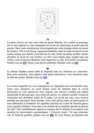 79
La porte s'ouvre sur une vaste salle de pierre blanche. Un couloir se prolonge
sur le mur opposé et vous remarquez un levier de métal dans la paroi près du
porche. Mais votre attention est vite accaparée par cette étrange chose au centre
de la pièce. Elle est de forme vaguement humaine, mais le corps est percé en son
centre comme une fenêtre s'ouvrant sur le vide. Cette ouverture semble vouloir
absorber la lueur de vos torches. La tête vous tourne mais, malgré tous vos
efforts, vous ne pouvez détacher votre regard de ce vide. Si le prêtre est présent,
rendez-vous au 419. Sinon, vous devez combattre. Rendez-vous au 410.
80
Le dernier Serpent meurt enfin et disparaît dans les flammes en contrebas.
Sans plus attendre, vous quittez cette pièce infernale et vous retournez dans
la salle des portes. Rendez-vous au 119.
81
Les restes liquéfiés de vos compagnons se répandent sur le sol derrière vous.
Vous vous retournez un court instant avant de pénétrer dans la cavité
thoracique et vous apercevez avec stupeur une mousse verdâtre qui emplit
maintenant le passage que vous venez de quitter. La matière semble vivante et
s'accroche aux moindres replis de la paroi. La cavité où vous vous trouvez
possède une ouverture. Sans attendre, vous vous glissez dans cet étroit goulot et
vous débouchez à l'extérieur. En équilibre précaire sur le dos de l'insecte géant,
vous regardez alentour. Vous êtes à mi-chemin de la citadelle, perché au-dessus
du vide ! Des tremblements agitent la carcasse de la créature et ses pattes sont
animées de mouvements spasmodiques ! L'insecte renaît ! Si vous retournez
vers le bord du gouffre, rendez-vous au 500. Si vous foncez en direction des
 