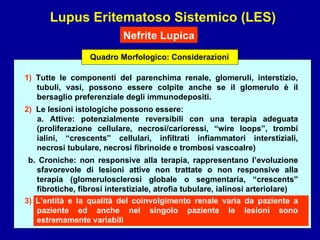 Lupus Eritematoso Sistemico (LES) Nefrite Lupica Quadro Morfologico: Considerazioni 1)  Tutte le componenti del parenchima renale, glomeruli, interstizio, tubuli, vasi, possono essere colpite anche se il glomerulo è il bersaglio preferenziale degli immunodepositi. 2)   Le lesioni istologiche possono essere: a. Attive: potenzialmente reversibili con una terapia adeguata (proliferazione cellulare, necrosi/carioressi, “wire loops”, trombi ialini, “crescents” cellulari, infiltrati infiammatori interstiziali, necrosi tubulare, necrosi fibrinoide e trombosi vascoalre) b. Croniche: non responsive alla terapia, rappresentano l’evoluzione sfavorevole di lesioni attive non trattate o non responsive alla terapia (glomerulosclerosi globale o segmentaria, “crescents” fibrotiche, fibrosi interstiziale, atrofia tubulare, ialinosi arteriolare) 3)   L’entità e la qualità del coinvolgimento renale varia da paziente a paziente ed anche nel singolo paziente le lesioni sono estremamente variabili 