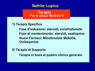 Nefrite Lupica Terapia Specifica Terapia di Supporto Terapia in base al quadro clinico generale 1) Fase d’induzione: steroidi, ciclofosfamide Fase di mantenimento: steroidi, azatioprina 2) Terapia Per le classi IIb-III-IV-V Nuovi Farmaci: Micofenolato Mofetile, Ciclosporina 