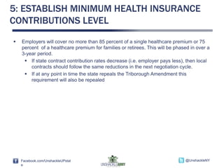 Facebook.com/UnshackleUPstat
e
@UnshackleNYFacebook.com/UnshackleUPstat
e
@UnshackleNY
5: ESTABLISH MINIMUM HEALTH INSURANCE
CONTRIBUTIONS LEVEL
 Employers will cover no more than 85 percent of a single healthcare premium or 75
percent of a healthcare premium for families or retirees. This will be phased in over a
3-year period.
 If state contract contribution rates decrease (i.e. employer pays less), then local
contracts should follow the same reductions in the next negotiation cycle.
 If at any point in time the state repeals the Triborough Amendment this
requirement will also be repealed
 