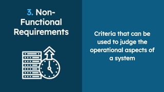 3. Non-
Functional
Requirements Criteria that can be
used to judge the
operational aspects of
a system
 