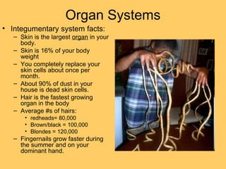 Organ Systems
• Integumentary system facts:
– Skin is the largest organ in your
body.
– Skin is 16% of your body
weight
– You completely replace your
skin cells about once per
month.
– About 90% of dust in your
house is dead skin cells.
– Hair is the fastest growing
organ in the body
– Average #s of hairs:
• redheads= 80,000
• Brown/black = 100,000
• Blondes = 120,000
– Fingernails grow faster during
the summer and on your
dominant hand.
 