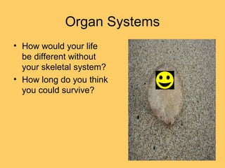 Organ Systems
• How would your life
be different without
your skeletal system?
• How long do you think
you could survive?
 