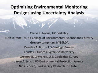 Optimizing Environmental Monitoring
Designs using Uncertainty Analysis
Carrie R. Levine, UC Berkeley
Ruth D. Yanai, SUNY College of Environmental Science and Forestry
Gregory Lampman, NYSERDA
Douglas A. Burns, US Geologic Survey
Charles T. Driscoll, Syracuse University
Gregory B. Lawrence, U.S. Geological Survey
Jason A. Lynch, US Environmental Protection Agency
Nina Schoch, Biodiversity Research Institute
 
