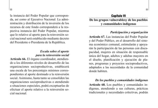 88 89
Capítulo VI
De los grupos vulnerablesy de los pueblos
y comunidades indígenas
Participación y organización
Artículo 67. Las instancias del Poder Popular
y del Poder Público, en el desarrollo del siste-
ma económico comunal, estimularán y apoya-
rán la participación de las personas con disca-
pacidad, mujeres en situación de responsable
única del hogar, adultos y adultas mayores en
el diseño, planificación y ejecución de pla-
nes, programas y proyectos socioproductivos,
adaptados a las necesidades de la comunidad
donde habiten.
De los pueblos y comunidades indígenas
Artículo 68. Los pueblos y comunidades in-
dígenas, atendiendo a sus culturas, prácticas
tradicionales y necesidades colectivas, podrán
la instancia del Poder Popular que correspon-
da, así como al Ejecutivo Nacional. La admi-
nistración y distribución de la inversión de los
recursos de este fondo corresponderá a la res-
pectiva instancia del Poder Popular, mientras
que lo relativo al aporte para la reinversión so-
cial nacional será establecido mediante decreto
del Presidente o Presidenta de la República.
Escala sobre el aporte
para la reinversión social
Artículo 66. El órgano coordinador, atendien-
do a los diferentes niveles de desarrollo de las
organizaciones socioproductivas, establecerá
una escala de los porcentajes mínimos corres-
pondientes al aporte destinado a la reinversión
social. Asimismo, hasta tanto se consoliden las
organizaciones socioproductivas o atendiendo
a situaciones especiales, podrá exceptuarlas de
efectuar el aporte relativo a la reinversión so-
cial nacional.
 