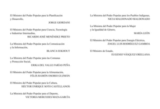 El Ministro del Poder Popular para la Planificación
y Desarrollo,
JORGE GIORDANI
El Ministro del Poder Popular para Ciencia, Tecnología
e Industrias Intermedias,
RICARDO JOSÉ MENÉNDEZ PRIETO
La Ministra del Poder Popular para la Comunicación
y la Información,
BLANCA EEKHOUT
La Ministra del Poder Popular para las Comunas
y Protección Social,
ERIKA DEL VALLE FARÍAS PEÑA
El Ministro del Poder Popular para la Alimentación,
FÉLIX RAMÓN OSORIO GUZMÁN
El Ministro del Poder Popular para la Cultura,
HÉCTOR ENRIQUE SOTO CASTELLANOS
La Ministra del Poder Popular para el Deporte,
VICTORIA MERCEDES MATA GARCÍA
La Ministra del Poder Popular para los Pueblos Indígenas,
NICIA MALDONADO MALDONADO
La Ministra del Poder Popular para la Mujer
y la Igualdad de Género,
MARÍA LEÓN
El Ministro del Poder Popular para Energía Eléctrica,
ÁNGEL LUIS RODRÍGUEZ GAMBOA
El Ministro de Estado,
EUGENIO VÁSQUEZ ORELLANA
 