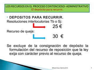  DEPOSITOS PARA RECURRIR.
Resoluciones interlocutorias Tb o Sj:
25 €
Recurso de queja:
30 €
Se excluye de la consignación de depósito la
formulación del recurso de reposición que la ley
exija con carácter previo al recurso de queja.
Alfredo Eiroa- Abril de 2013. 3
 