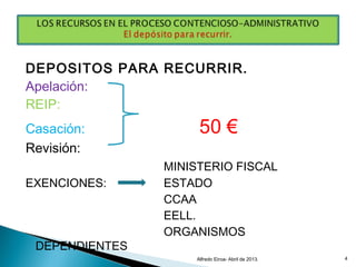 DEPOSITOS PARA RECURRIR.
Apelación:
REIP:
Casación: 50 €
Revisión:
MINISTERIO FISCAL
EXENCIONES: ESTADO
CCAA
EELL.
ORGANISMOS
DEPENDIENTES
Alfredo Eiroa- Abril de 2013. 4
 